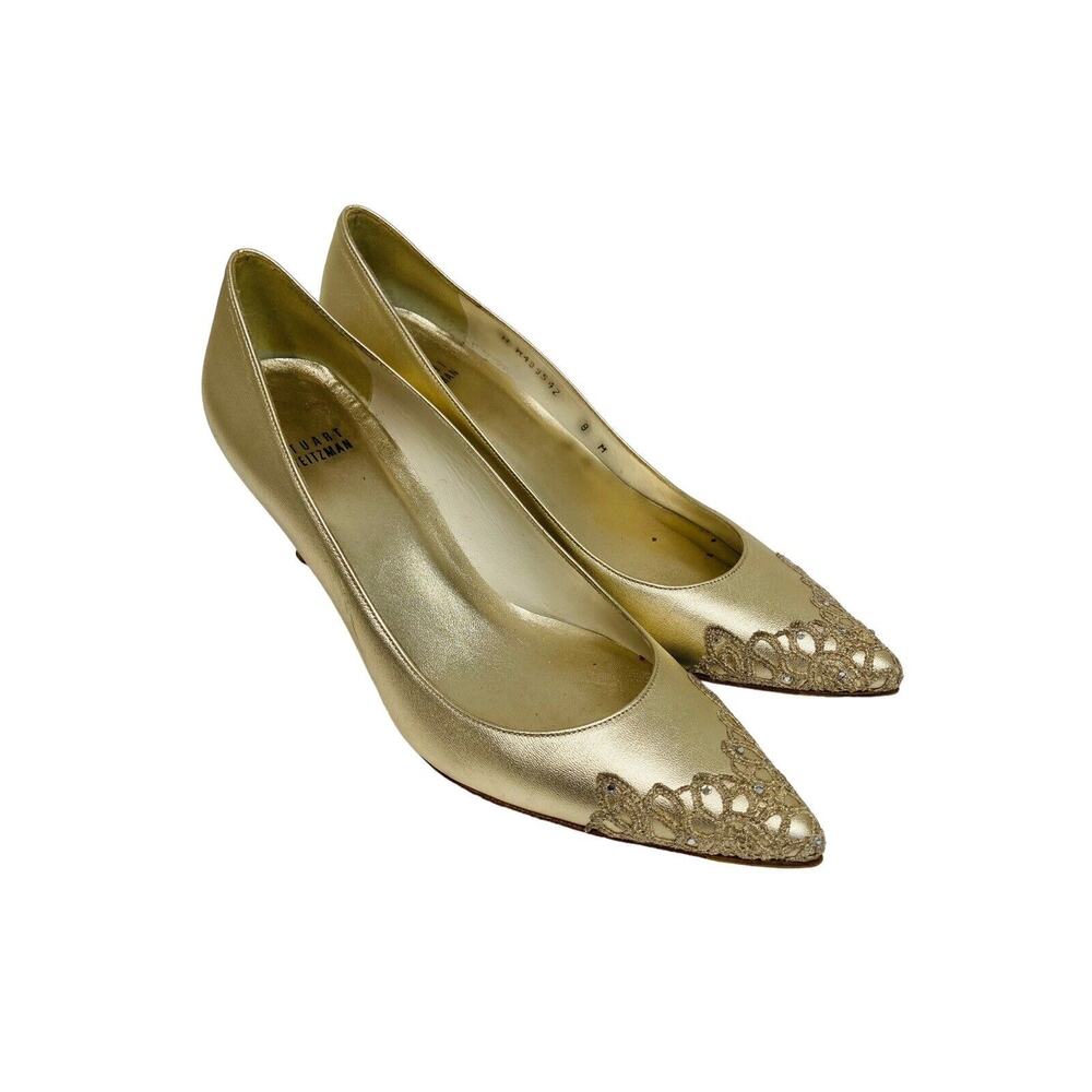 STUART WEITZMAN Gold Satin Embellished Crystal Pointed Toe Heels Pumps 8 - Picture 7 of 7
